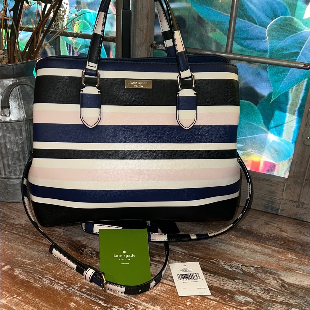 kate spade Navy, Black, White & Light Pink Striped Satchel